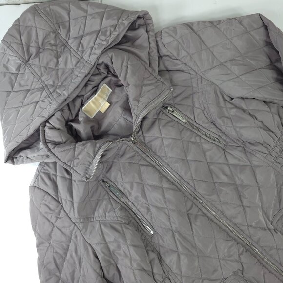 MICHAEL KORS GRAY QUILTED JACKET WOMEN'S SIZE PETITES MEDIUM HOODED ZIP POCKETS - Picture 6 of 16